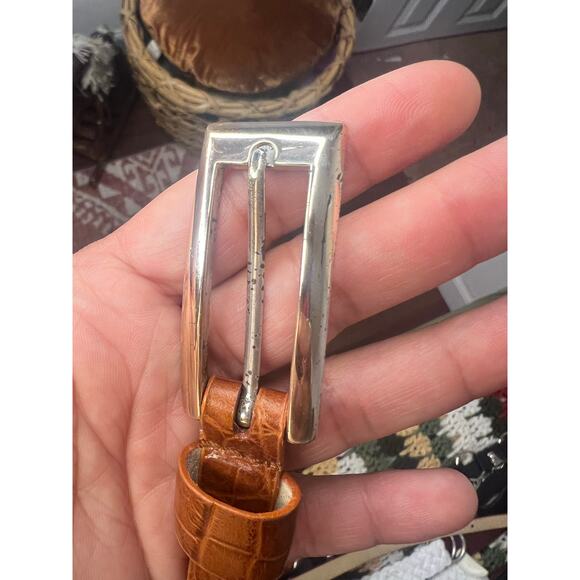 Women’s Kenneth Cole Croc Embossed Thin Leather Belt Medium Tan - Picture 7 of 8